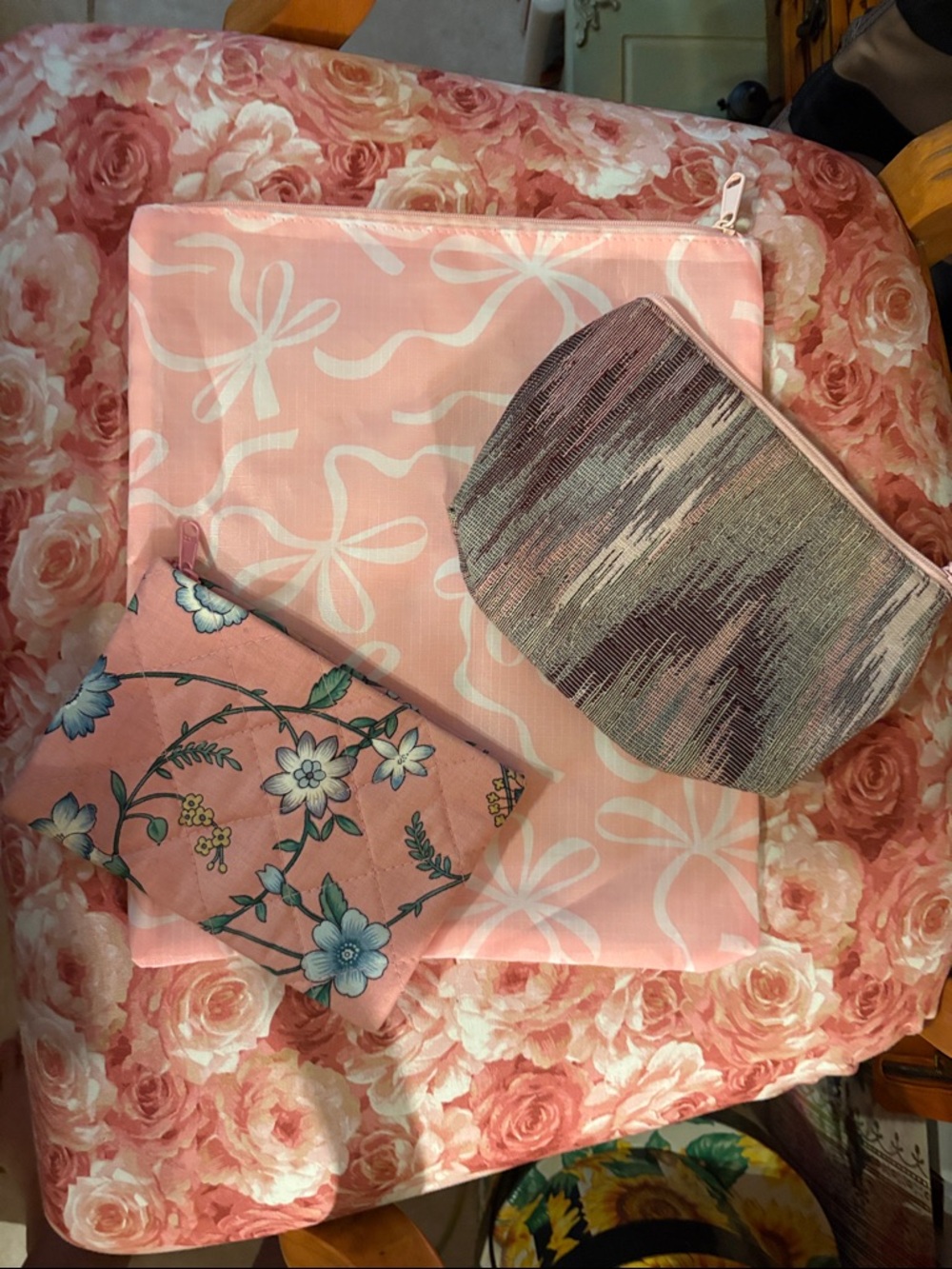 Pink Floral and Bow Cosmetic Pouches Set